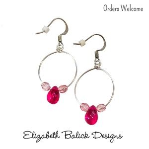 Handmade Drop Hoop Earrings Silver w/ Pink Czech Glass Beads EB Designs (Me) NEW